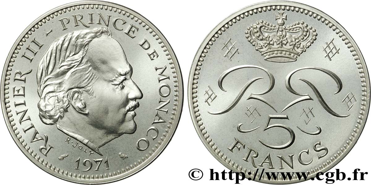 MONACO Piéfort Argent de 5 francs 1971 Paris MS67 