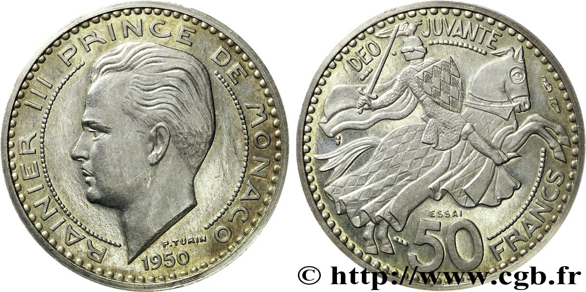 MONACO Essai - Piéfort Argent de 50 Francs prince Rainier III 1950 Paris VZ62 