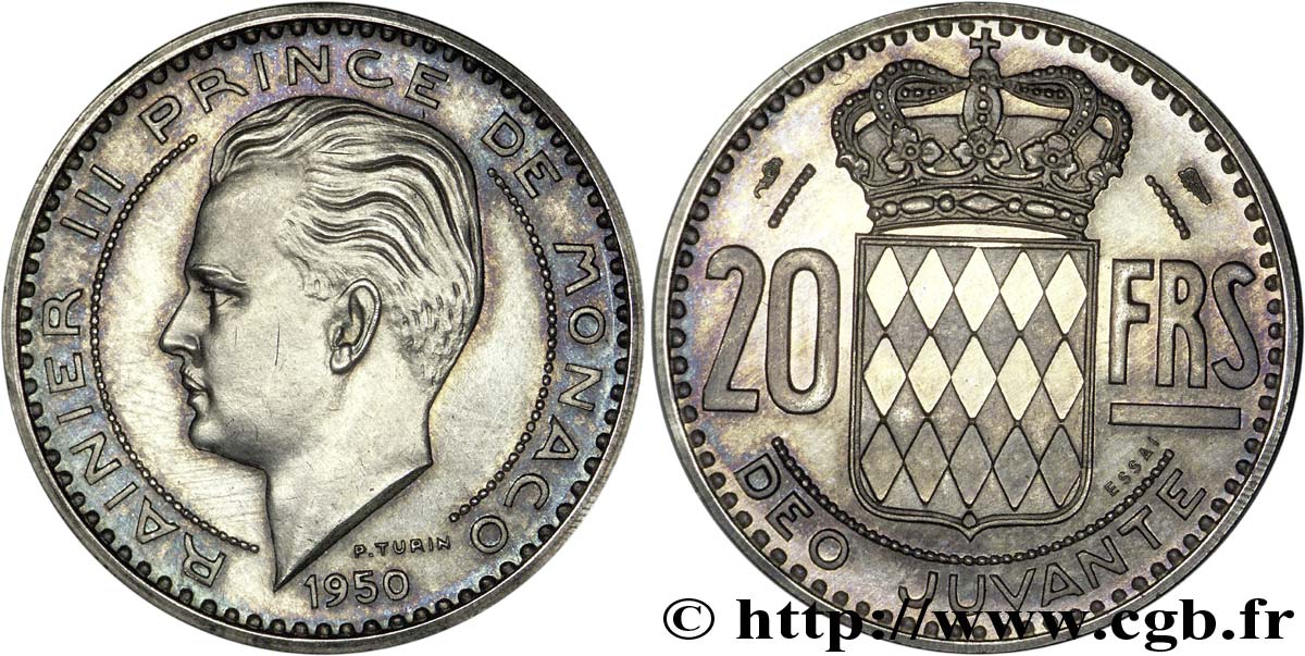 MONACO Essai - piéfort argent de 20 Francs prince Rainier III 1950 Paris MS62 