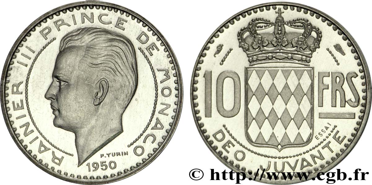 MONACO Essai - piéfort argent de 10 Francs prince Rainier III 1950 Paris SPL63 