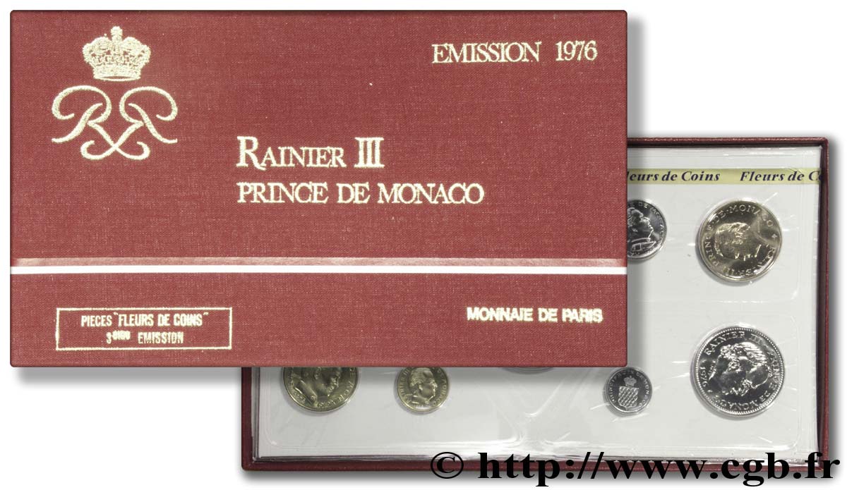 MONACO série FDC (1, 5, 10 et 20 Centimes, 1/2, 1, 5, 10 et 50 Francs) 1976 Paris MS 