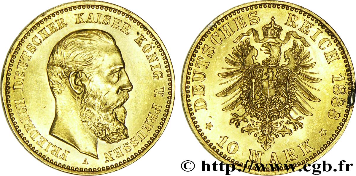 ALEMANIA - PRUSIA 10 Mark or Royaume de Prusse, empereur Frédéric III / aigle impérial 1888 Berlin SC 
