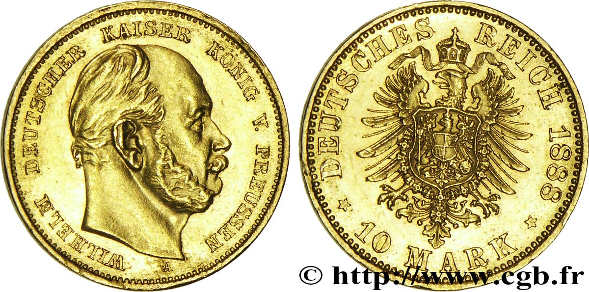 GERMANIA - PRUSSIA 10 Mark or Royaume de Prusse, empereur Guillaume / aigle impérial 1888 Berlin SPL 
