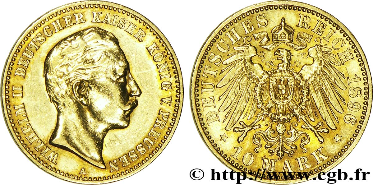 ALLEMAGNE - PRUSSE 10 Mark or Royaume de Prusse, empereur Guillaume II / aigle impérial 1896 Berlin SUP 