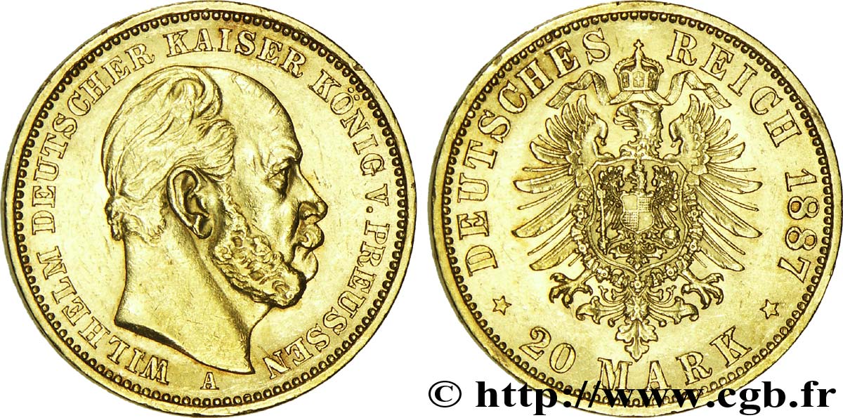 ALEMANIA - PRUSIA 20 Mark royaume de Prusse Guillaume Ier, 2e type / aigle héraldique 1887 Berlin EBC 