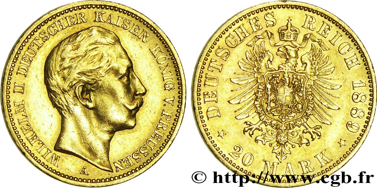 ALEMANIA - PRUSIA 20 Mark royaume de Prusse Guillaume II / aigle héraldique 1889 Berlin EBC 