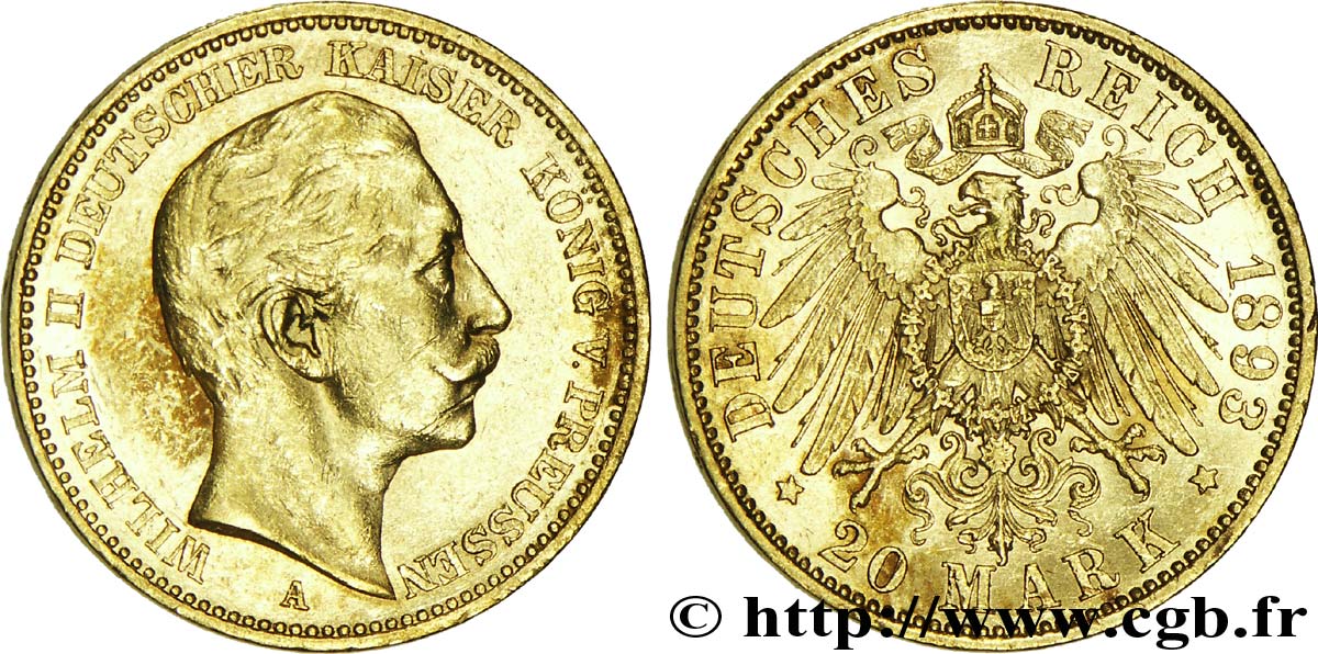 GERMANY - PRUSSIA 20 Mark royaume de Prusse Guillaume II / aigle héraldique 1893 Berlin AU 
