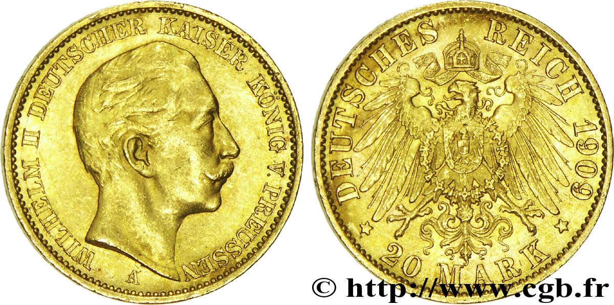 GERMANIA - PRUSSIA 20 Mark royaume de Prusse Guillaume II / aigle héraldique 1909 Berlin SPL 