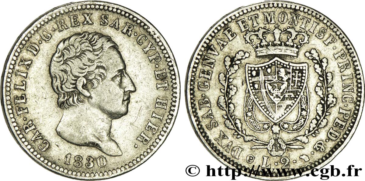 ITALIA - REINO DE CERDEÑA 2 Lire Royaume de Sardaigne : Charles-Félix / armes de Savoie 1830 Turin BC+ 