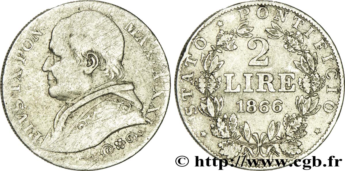 VATICAN AND PAPAL STATES 2 Lire Pie IX type petit buste an XXI 1866 Rome VF 