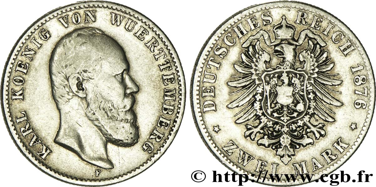 GERMANY - WÜRTTEMBERG 2 Mark Charles 1876 Stuttgart VF 