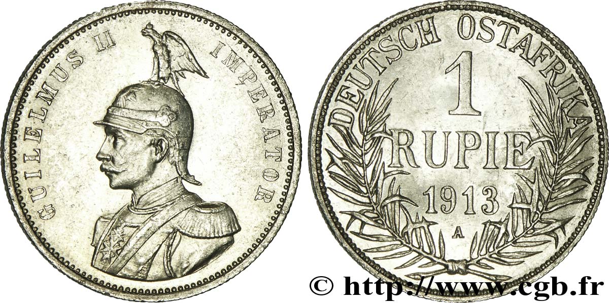AFRICA ORIENTAL ALEMANA 1 Roupie Deutch Ostafrica : empereur d’Allemagne Guillaume II, buste casqué 1913 Berlin EBC 