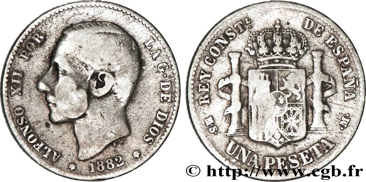 SPAIN 1 Peseta Alphonse XII  / emblème couronné (82) 1882 Madrid VF 