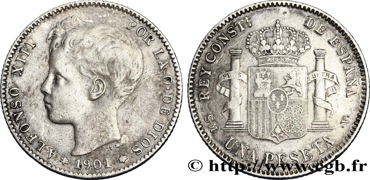 ESPAÑA 1 Peseta Alphonse XIII 3e type de buste / emblème couronné 1901 Madrid EBC 