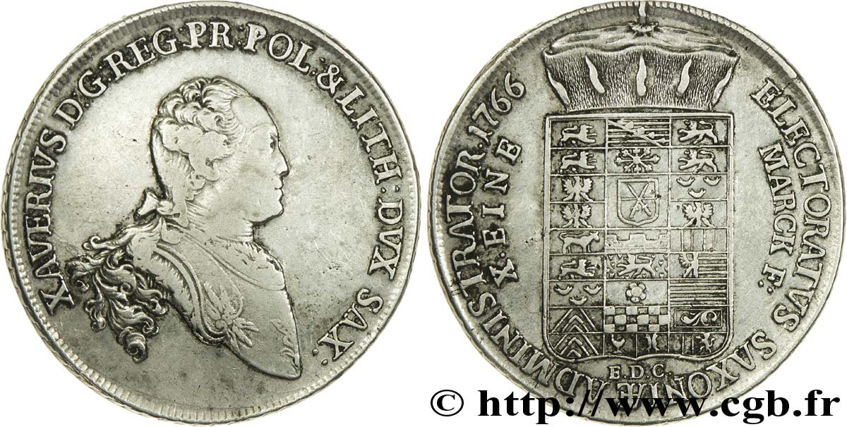 GERMANIA - SASSONIA 1 Thaler Électorat de Saxe : François-Xavier, prince-régent et roi de Pologne et de Lithuanie / écu couronné IJAOF 1766  BB 