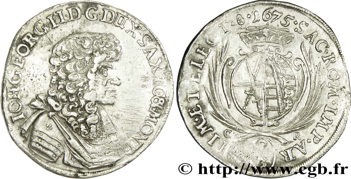 GERMANY - SAXONY 2/3 Thaler Duché de Saxe, Jean-Georges II électeur / écu couronné 1675  VF/VF 