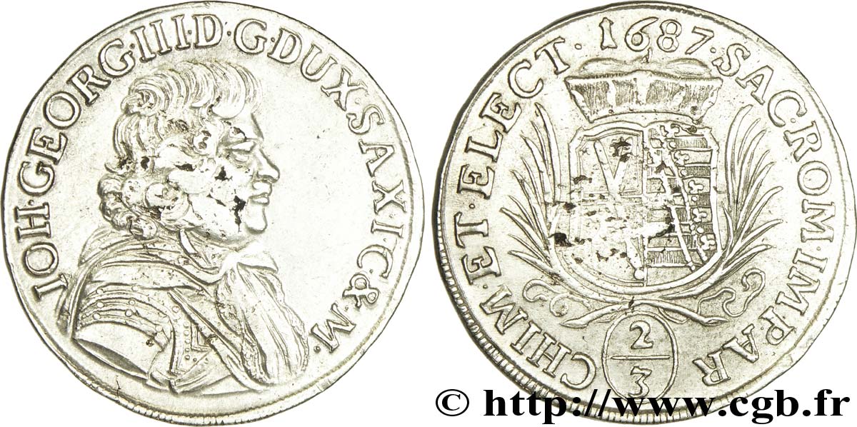 DEUTSCHLAND - SACHSEN 2/3 Thaler Duché de Saxe, Jean-Georges III électeur / écu couronné 1687  fSS/S 