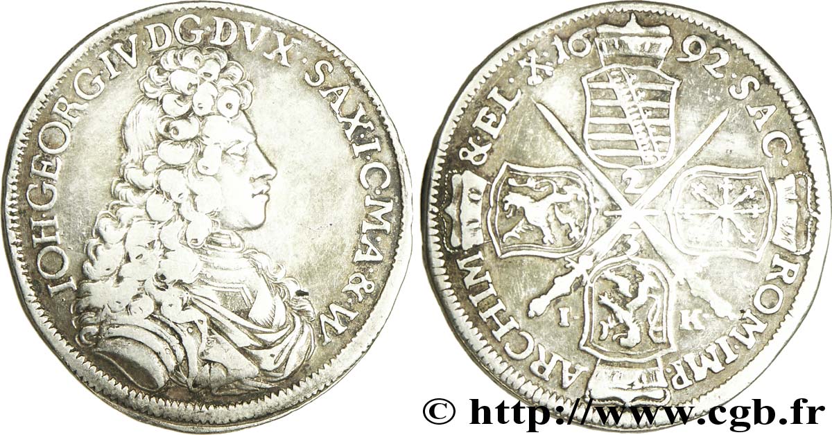 ALLEMAGNE - SAXE 2/3 Thaler Duché de Saxe, Jean-Georges IV électeur / 4 écus couronnés 1692  TB+/TB 