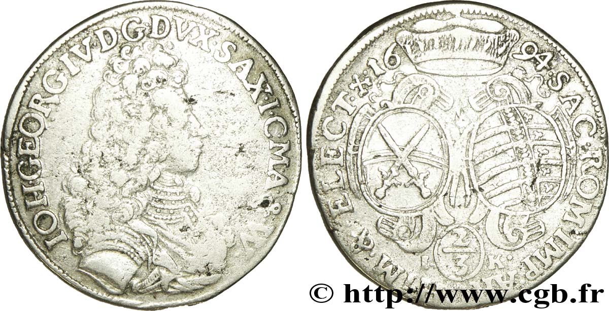 ALEMANIA - SAJONIA 2/3 Thaler Duché de Saxe, Jean-Georges IV électeur / 2 écus couronnés initiales IK 1694 Chemnitz BC 
