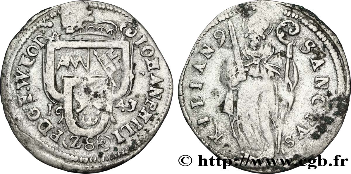 ALEMANIA 1 Schilling Evêché de Wurtzbourg : écu / St Killian 1643  BC+ 