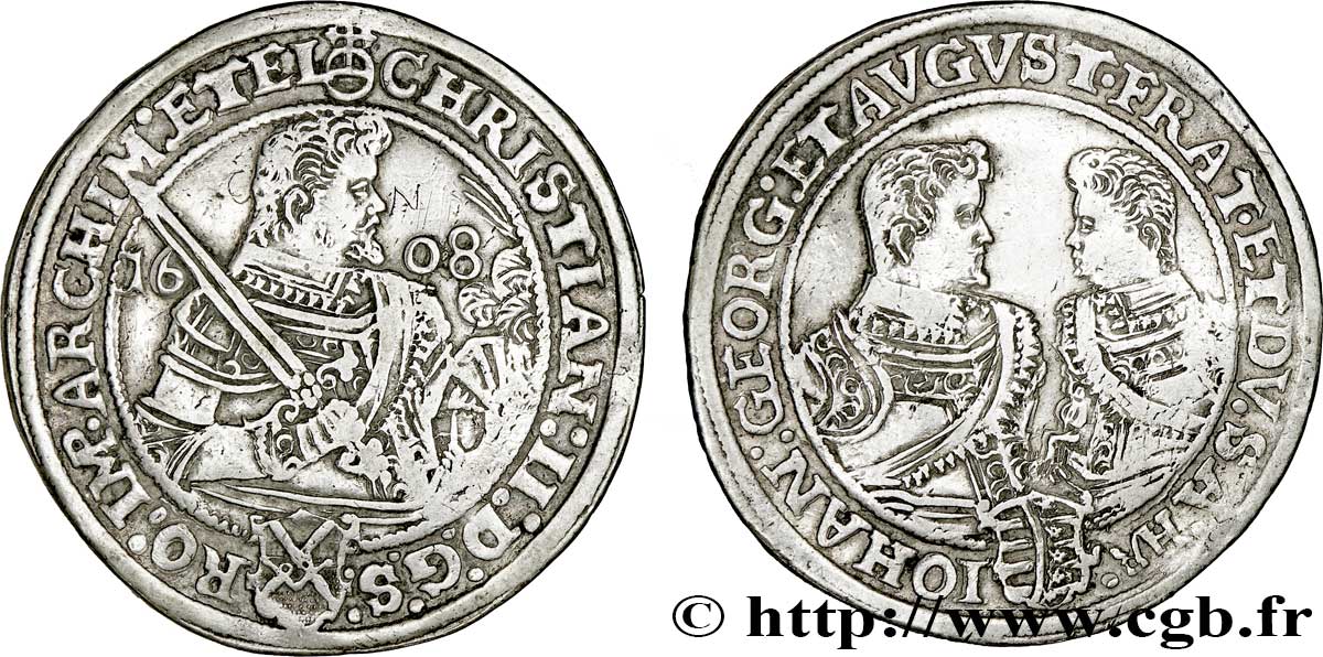 GERMANIA - SASSONIA 1 Thaler Duché de Saxe, Christian II / Christian II et son frère Jean-Georges 1608  q.BB/MB 