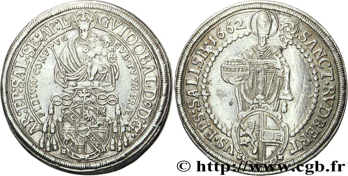 ÖSTERREICH - SALZBURG 1 Thaler Archevéché de Salzbourg frappé au nom de Guidobald, comte de Thun et Hohenstein : Madone surmontant un écu / Saint Rupert de Salzbourg 1662  fVZ 