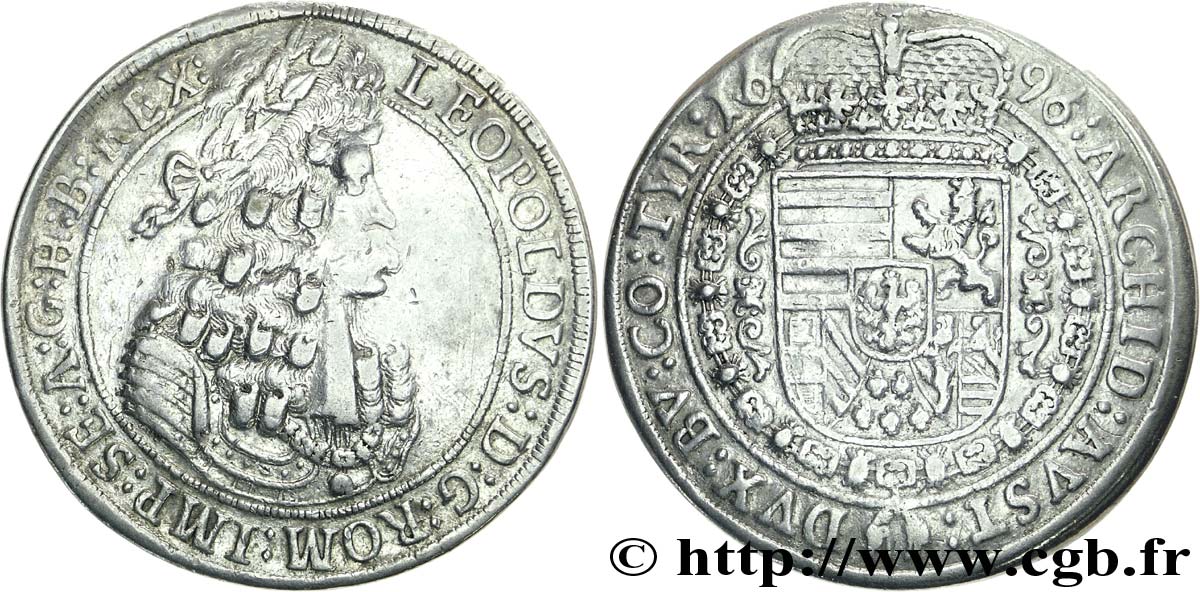 AUSTRIA 1 Thaler Empereur Léopold Ier / armes couronnées 1696 Hall q.BB 