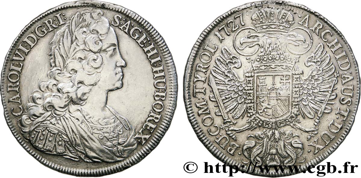 AUSTRIA 1 Thaler Charles VI de Habsbourg / aigle bicéphale héraldique 1727 Vienne BB 