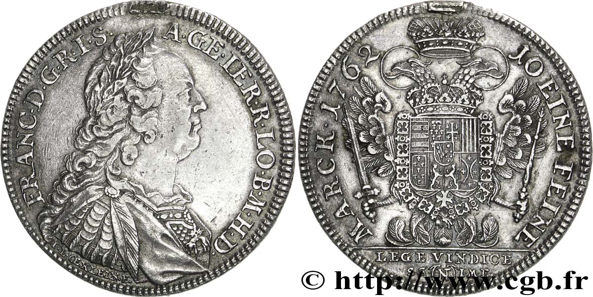 DEUTSCHLAND 1 Thaler Ville de Nuremberg : l’empereur François Ier du Saint-Empire / aigle et écus 1762  VZ 