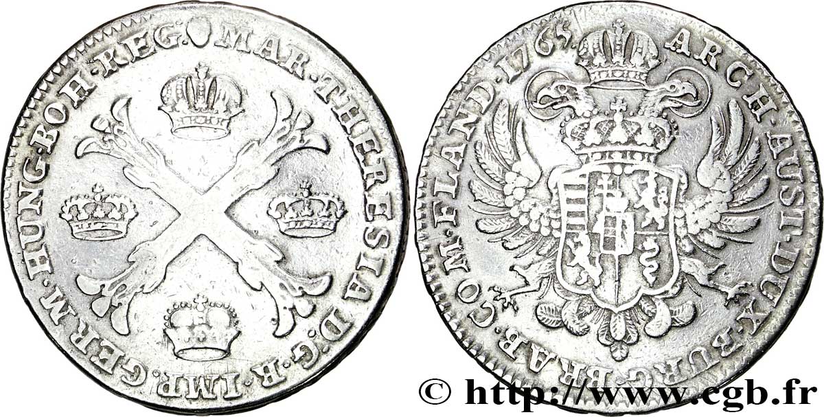 BÉLGICA - PAíSES BAJOS AUSTRíACOS 1 Kronenthaler Pays-Bas Autrichiens frappe au nom de Marie-Thérèse / armes 1765 Bruxelles BC+ 