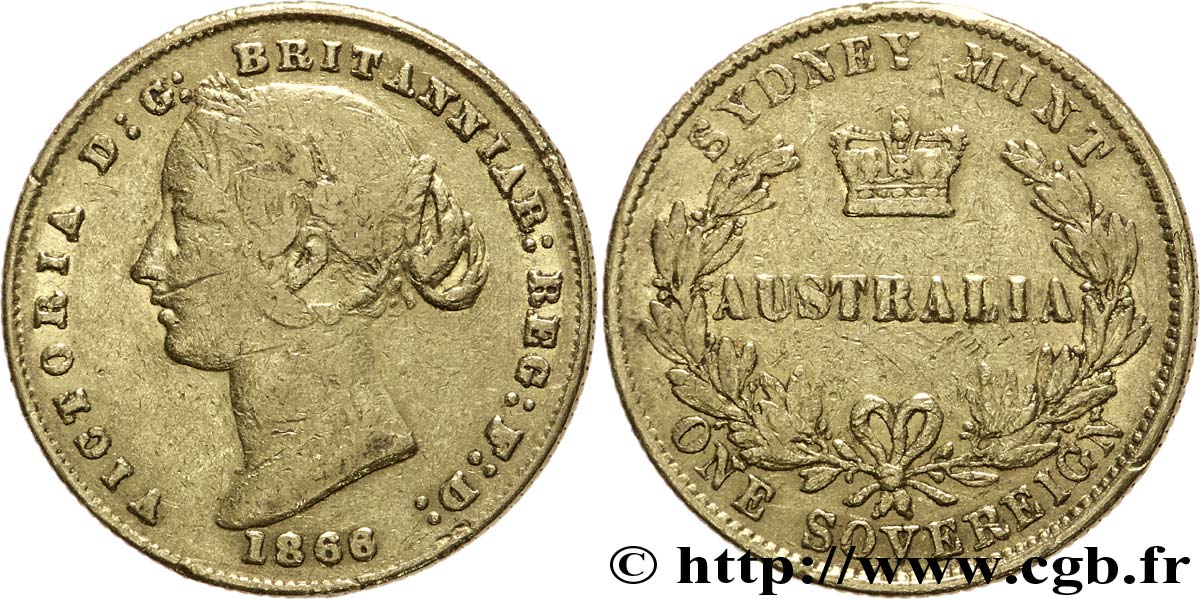 AUSTRALIEN 1 Souverain OR reine Victoria / couronne entre deux branches d’olivier 1866 Sydney S 