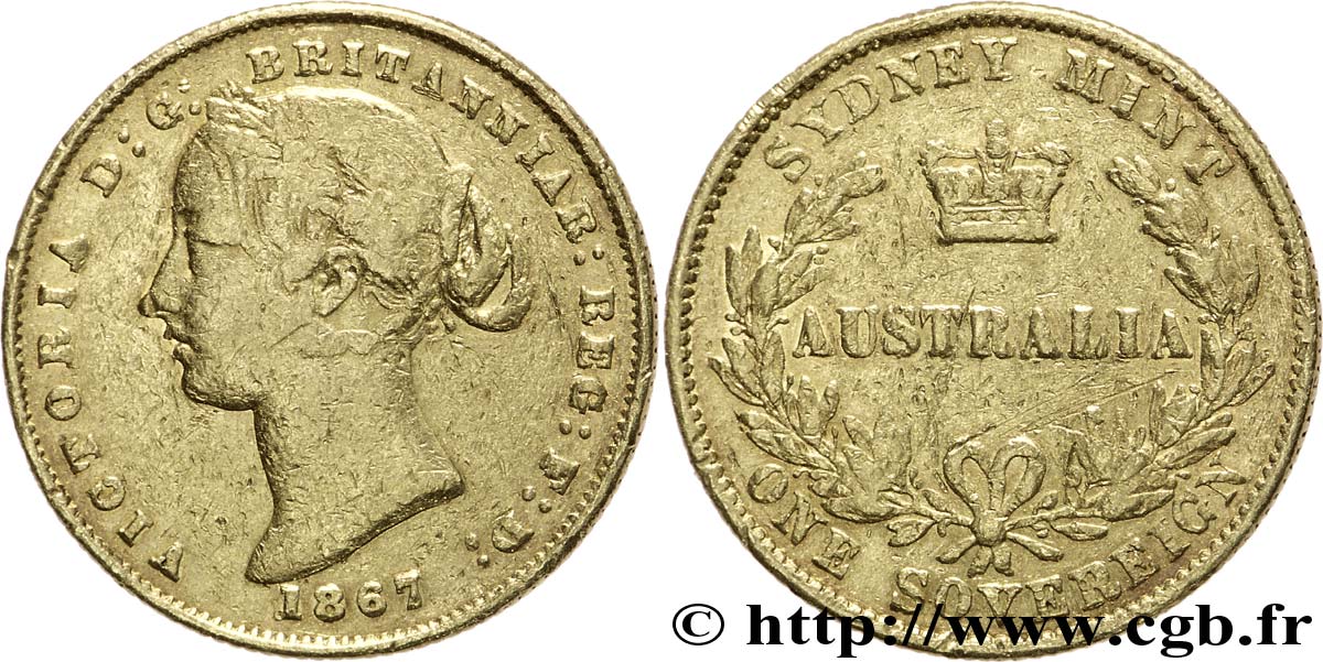 AUSTRALIEN 1 Souverain OR reine Victoria / couronne entre deux branches d’olivier 1867 Sydney S 