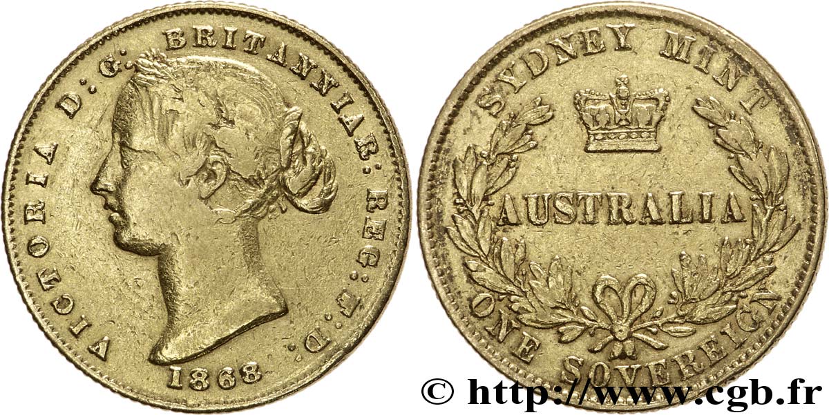 AUSTRALIEN 1 Souverain OR reine Victoria / couronne entre deux branches d’olivier 1868 Sydney S 