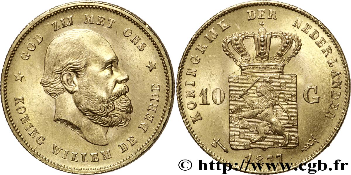 NETHERLANDS 10 Gulden or Guillaume III, 2e type 1877 Utrecht XF 