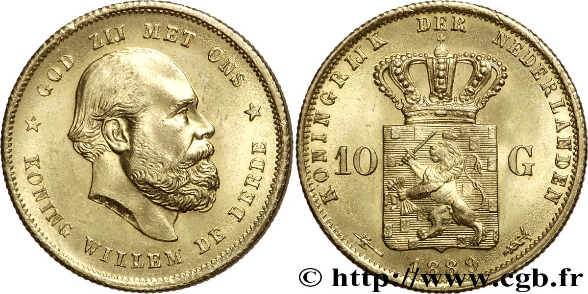 NETHERLANDS 10 Gulden or Guillaume III, 2e type 1889 Utrecht AU 