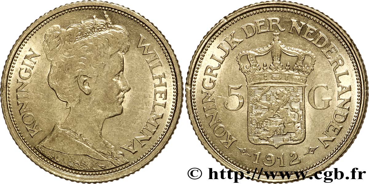 PAESI BASSI 5 Gulden Wilhelmina / écu couronné 1912 Utrecht SPL 