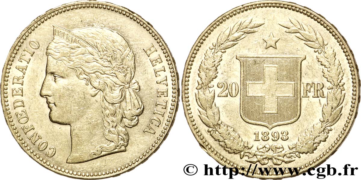 SUIZA 20 Francs or buste diadémé d Helvetia / croix suisse 1893 Berne - B EBC 