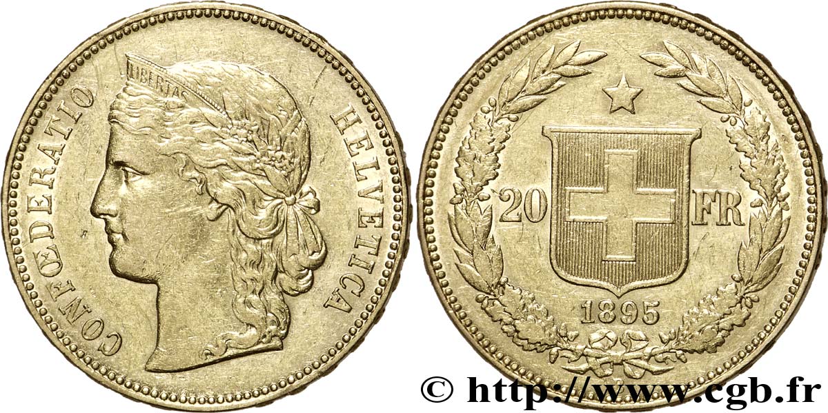 SWITZERLAND 20 Francs or buste diadémé d Helvetia 1895 Berne AU 