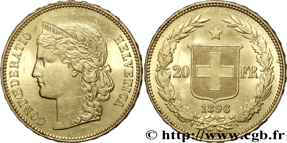 SWITZERLAND 20 Francs or Helvetia 1896 Berne MS 