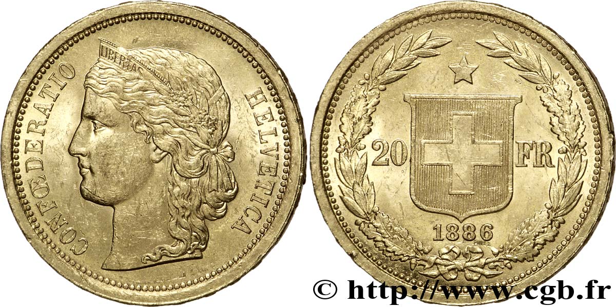 SVIZZERA  20 Francs or buste diadémé d Helvetia / croix suisse 1886 Berne - B SPL 