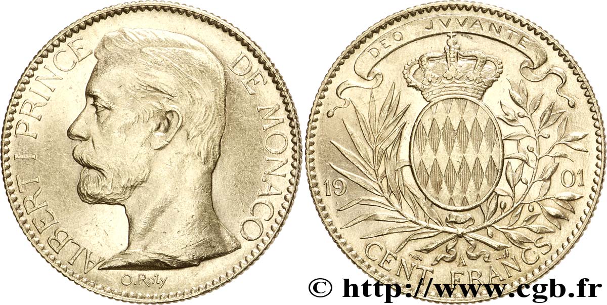 MONACO 100 Francs or Albert Ier / écu couronné 1901 Paris AU 