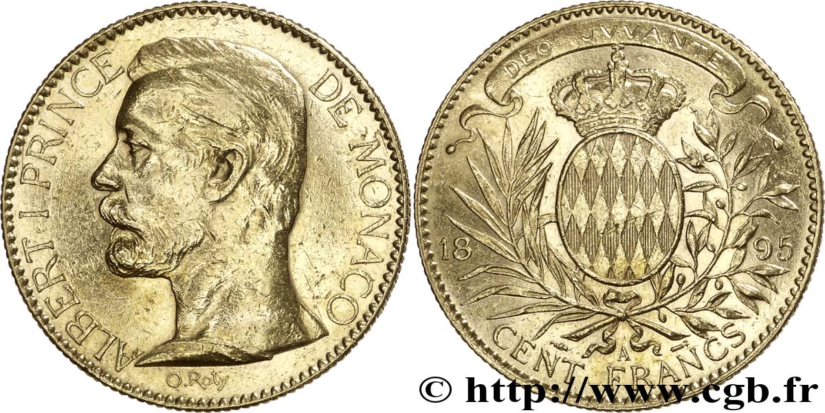 MONACO 100 Francs or Albert Ier / écu couronné 1895 Paris BB 