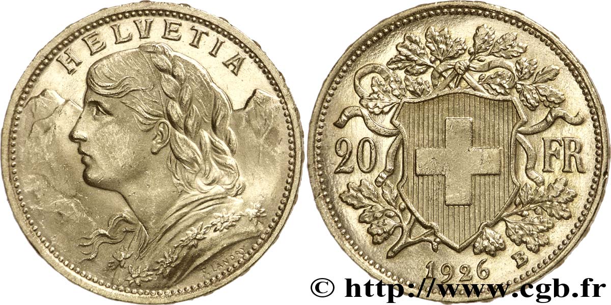 SCHWEIZ 20 Francs or  Vreneli  jeune fille / croix suisse 1926 Berne - B VZ 
