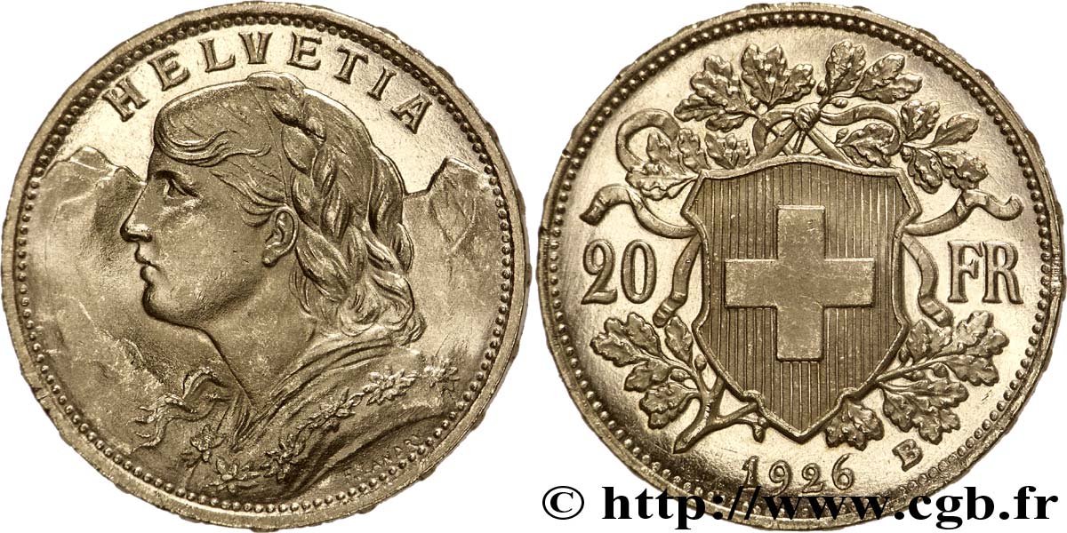 SVIZZERA  20 Francs or  Vreneli  jeune fille / croix suisse 1926 Berne - B MS 