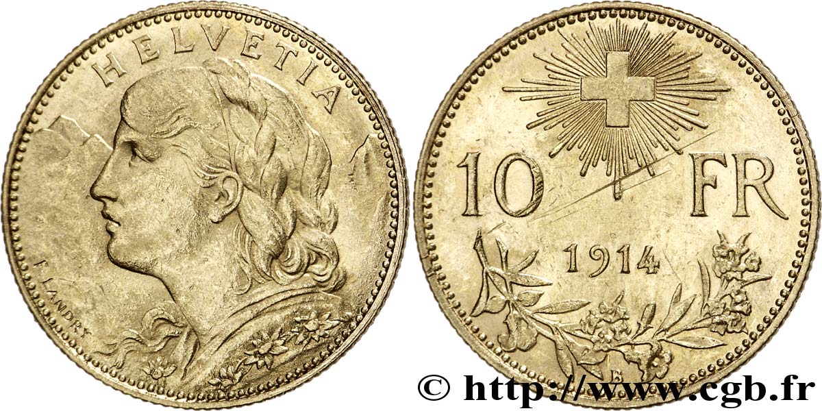 SWITZERLAND 10 Francs or  Vreneli  Buste diadémé d Helvetia / Croix suisse 1914 Berne - B AU 