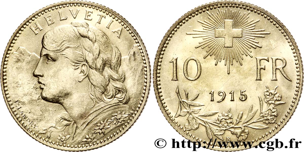 SUISSE 10 Francs or  Vreneli  Buste diadémé d Helvetia / Croix suisse 1915 Berne - B SUP 
