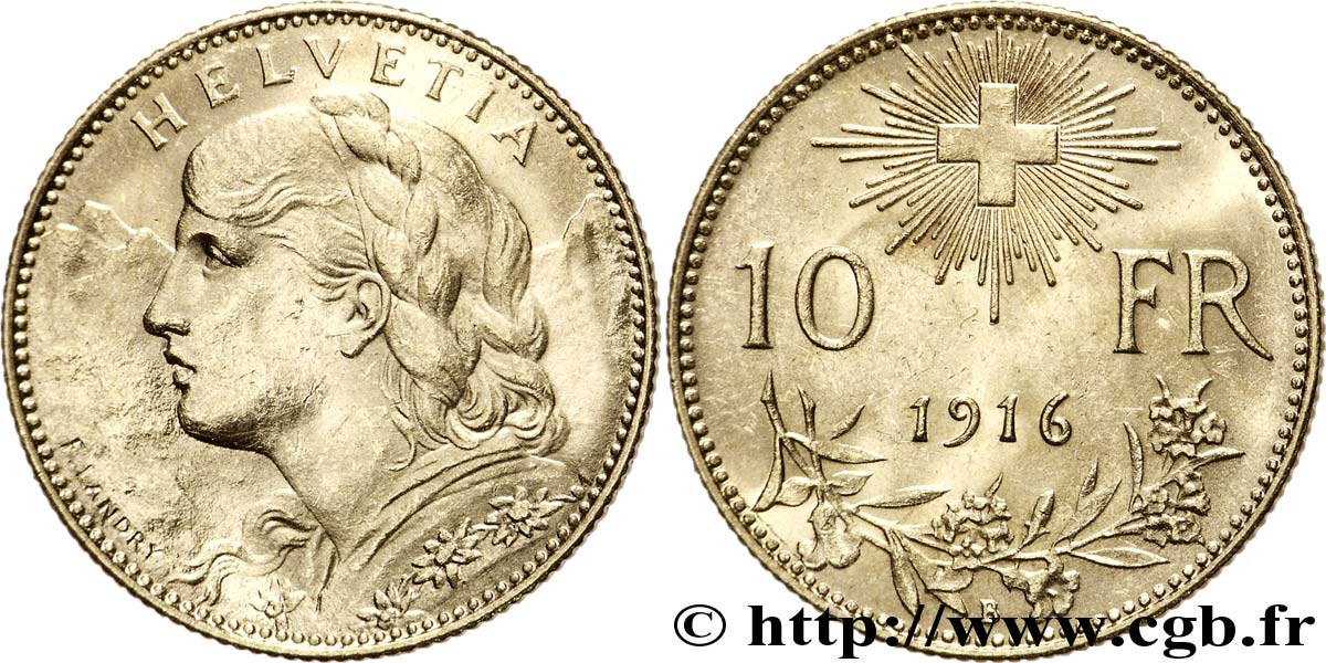 SUISSE 10 Francs or  Vreneli  Buste diadémé d Helvetia / Croix suisse 1916 Berne - B SUP 