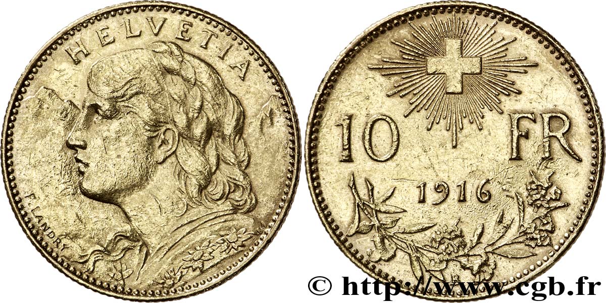 SWITZERLAND 10 Francs or  Vreneli  Buste diadémé d Helvetia / Croix suisse 1916 Berne - B AU 