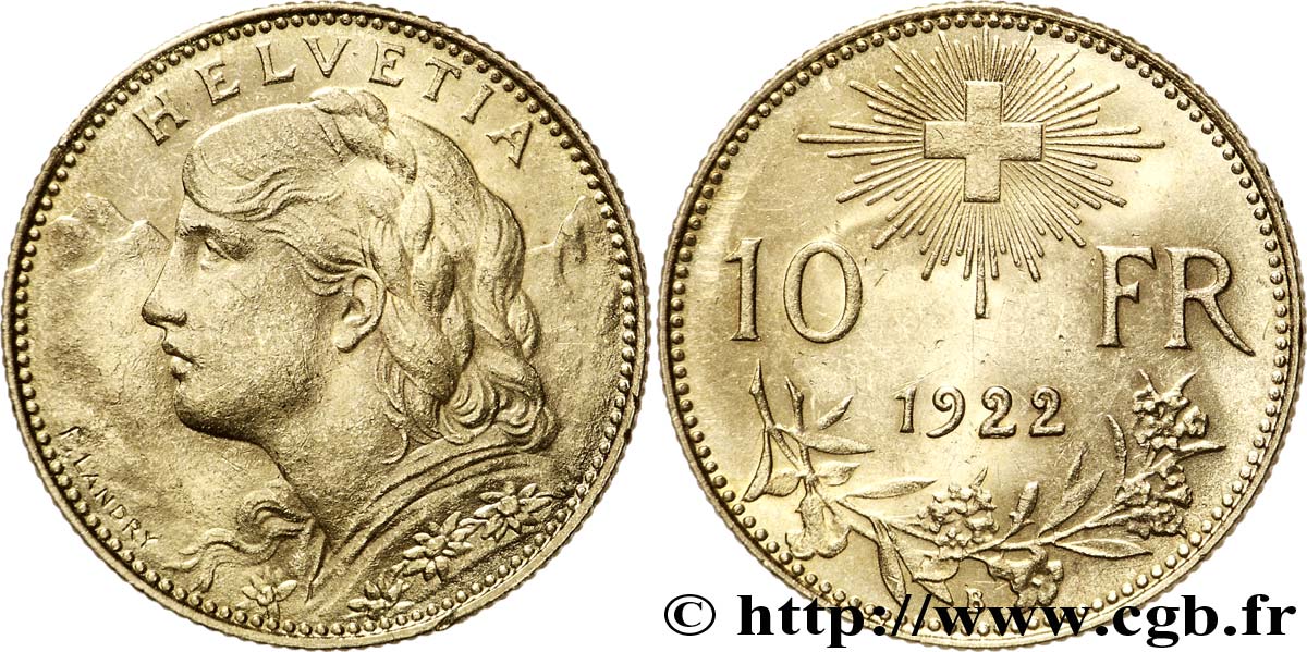 SWITZERLAND 10 Francs or  Vreneli  1922 Berne AU 
