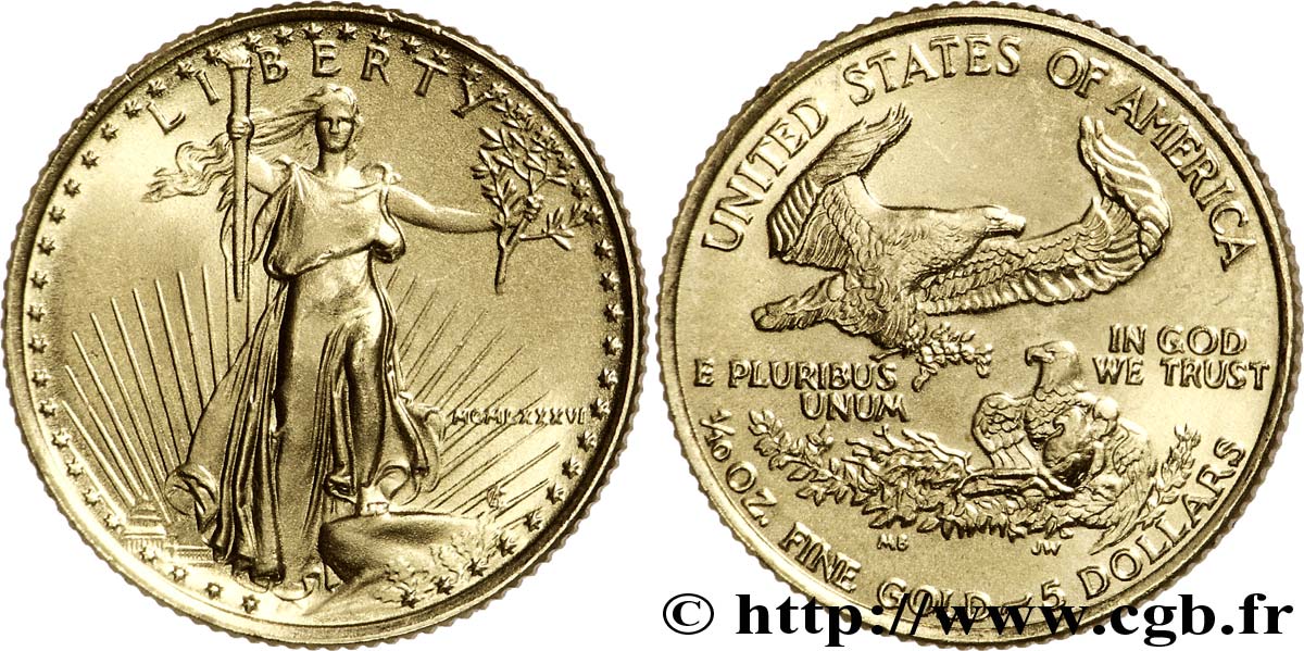 ESTADOS UNIDOS DE AMÉRICA 5 Dollars or (1/10 once) Liberty, année MCMLXXXVI (1986) 1986 Philadelphie SC 